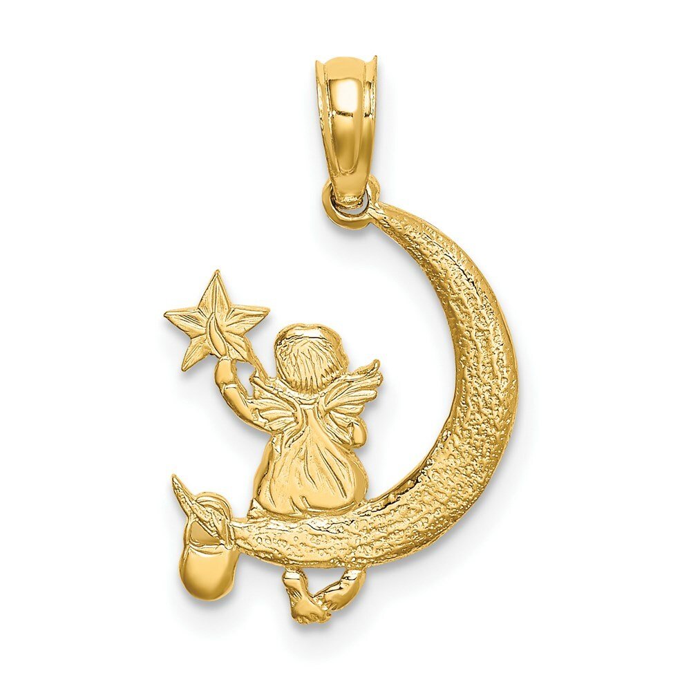 14K Yellow Gold Angel Holding a Star on a Half Moon Charm Pendant