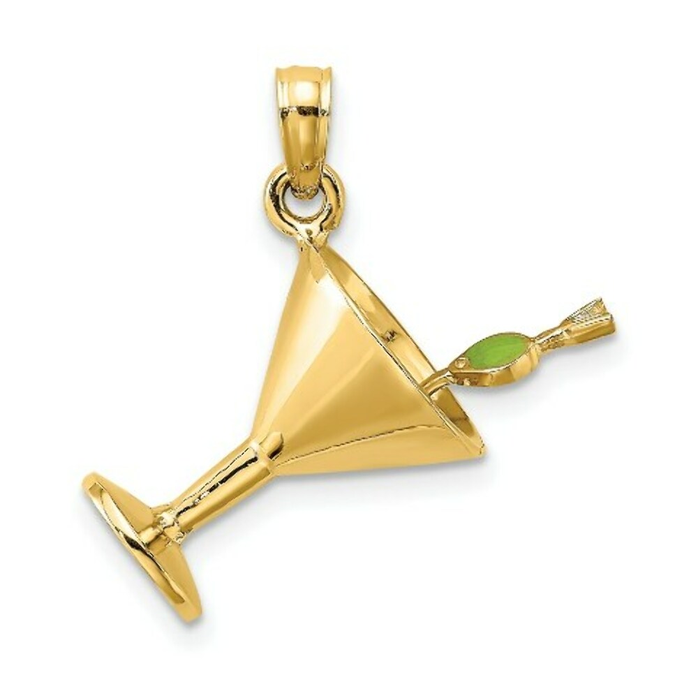 14K Yellow Gold 3-D Martini With OLive Charm Pendant