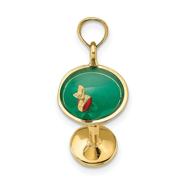 14K Yellow Gold 3-D Green Enamel Martini With Cherry Charm Pendant