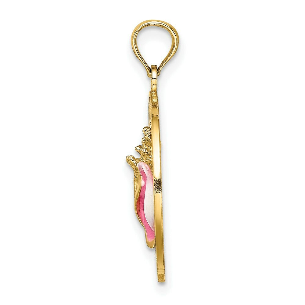 14K Yellow Gold ANTIGUA, WI On Round Frame With Enamel Conch Shell Charm Pendant
