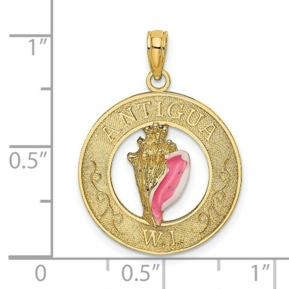 14K Yellow Gold ANTIGUA, WI On Round Frame With Enamel Conch Shell Charm Pendant