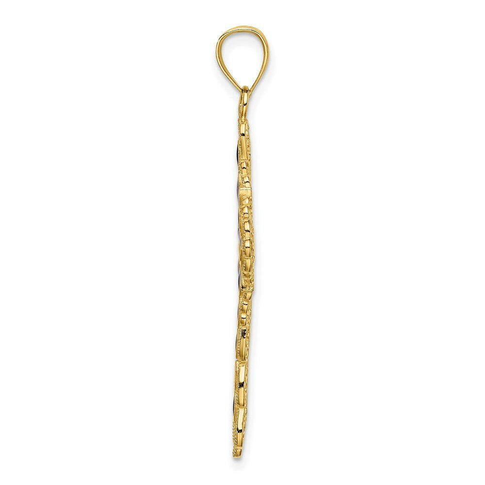 14K Yellow Gold Blue Enamel Filigree Cross Charm Pendant