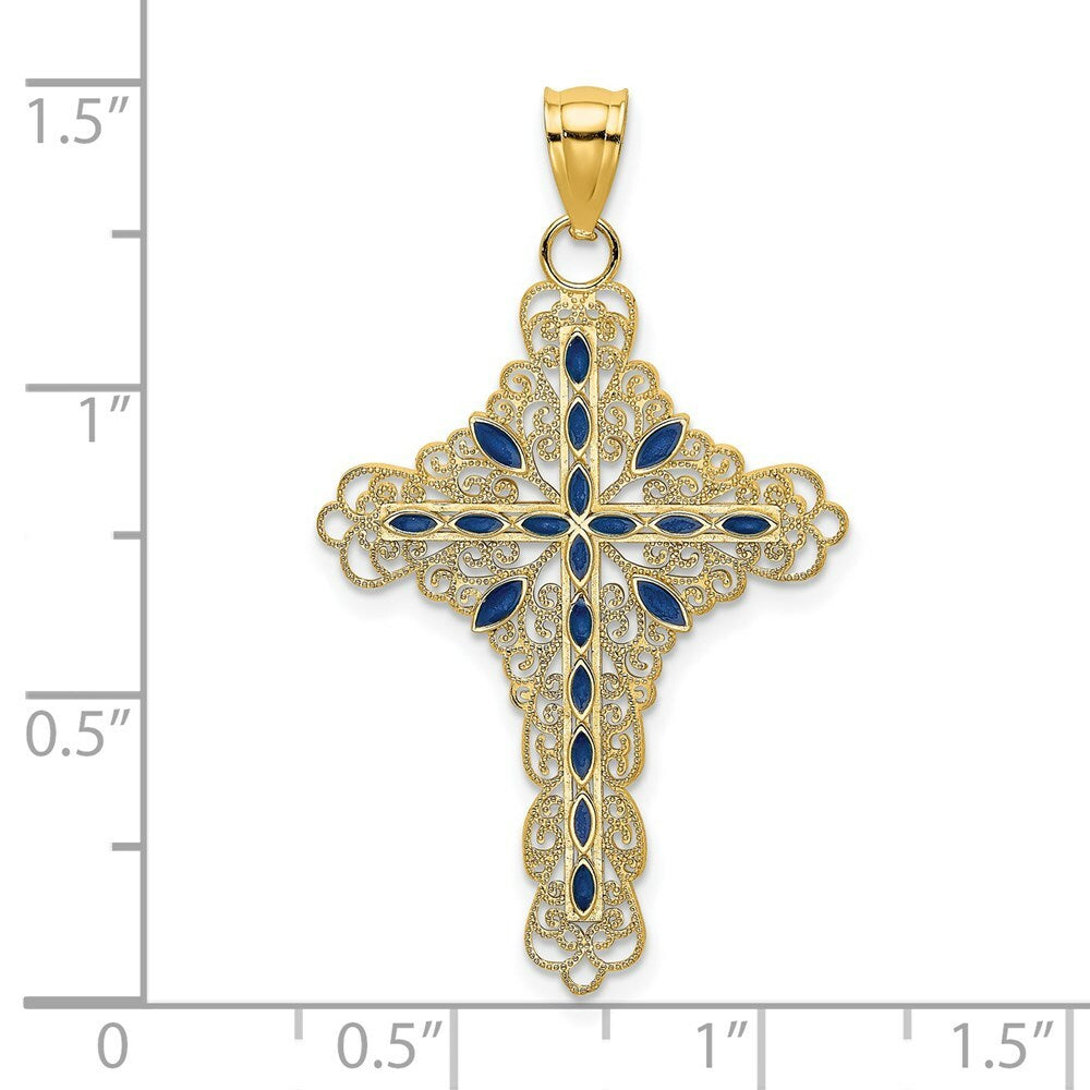 14K Yellow Gold Blue Enamel Filigree Cross Charm Pendant