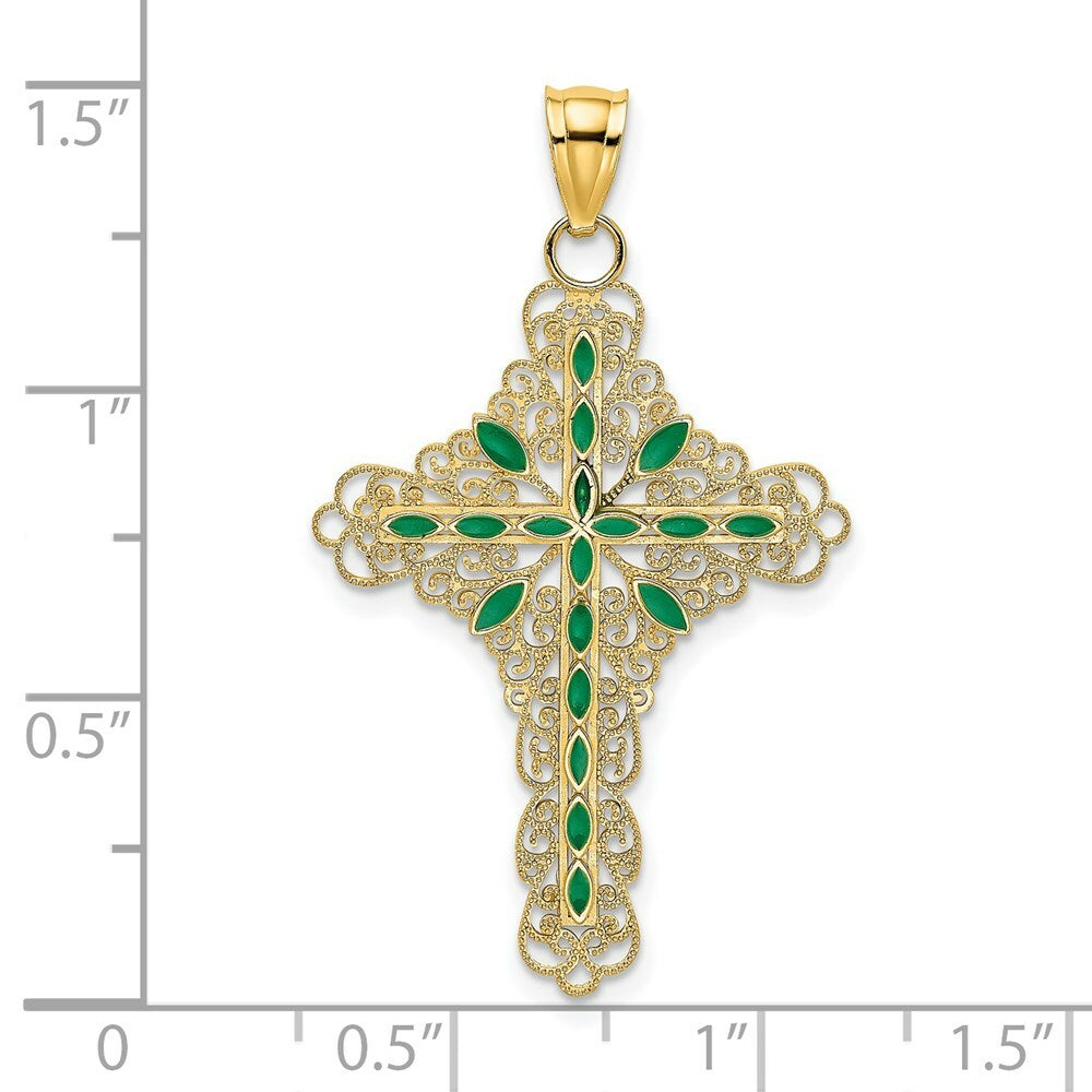 14K Yellow Gold Green Enamel Filigree Cross Charm Pendant