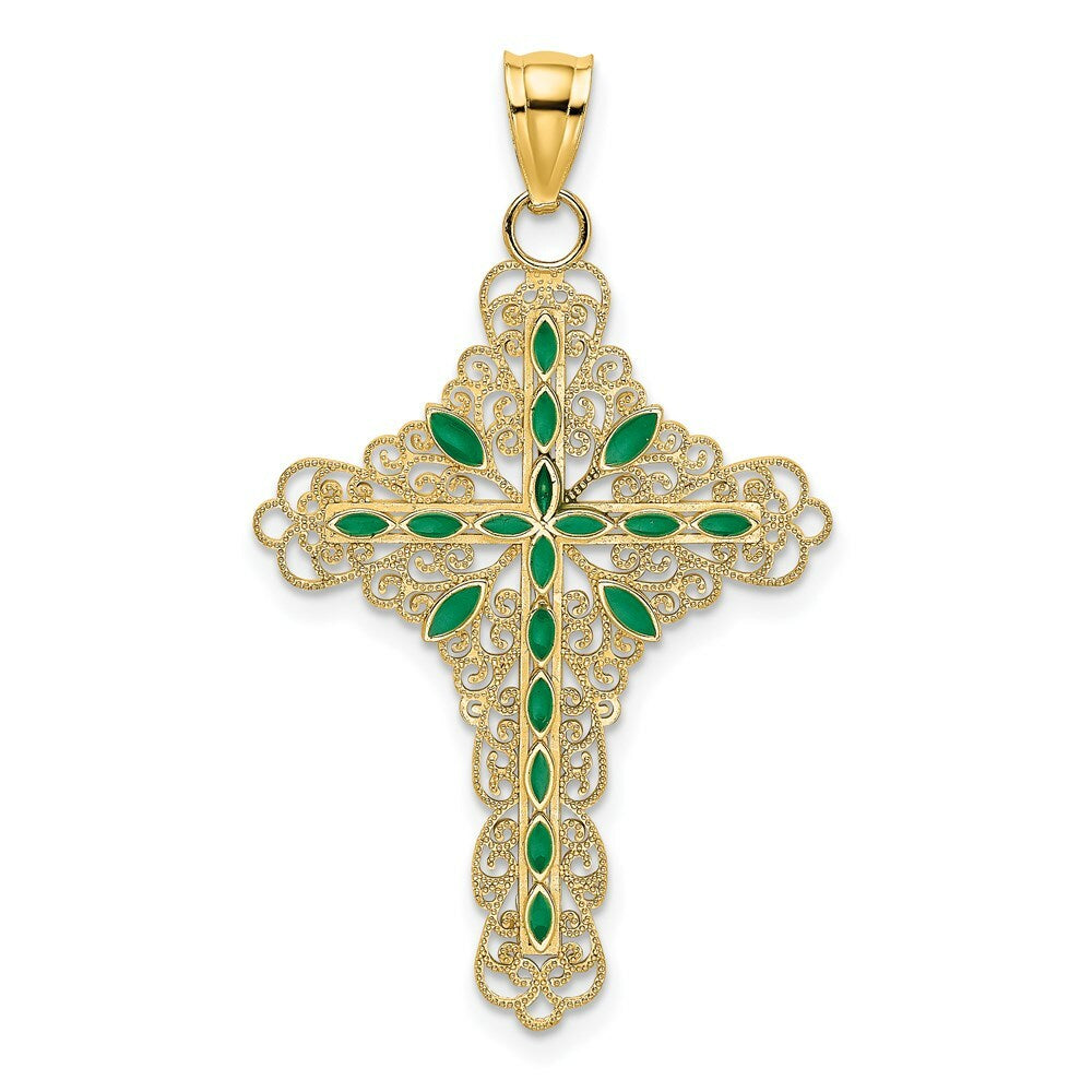 14K Yellow Gold Green Enamel Filigree Cross Charm Pendant