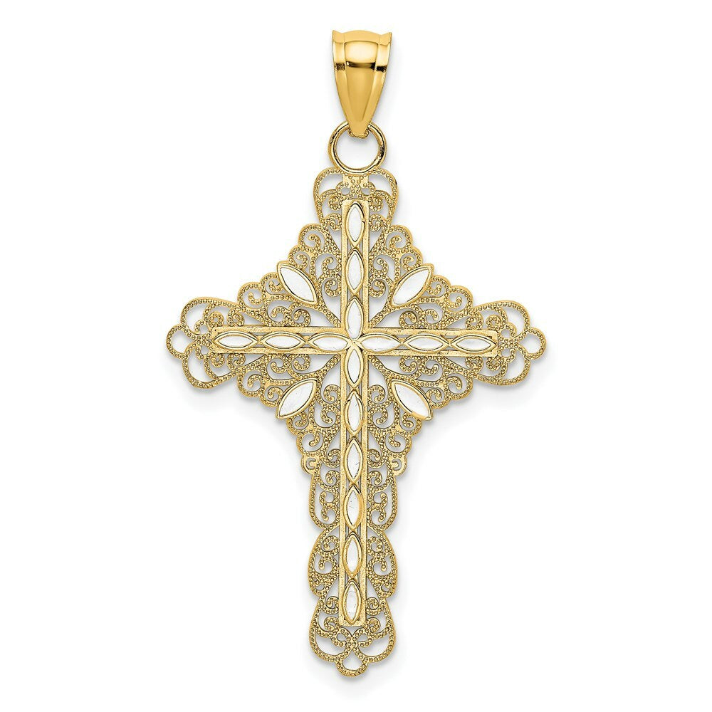 14K Yellow Gold White Enamel Filigree Cross Charm Pendant