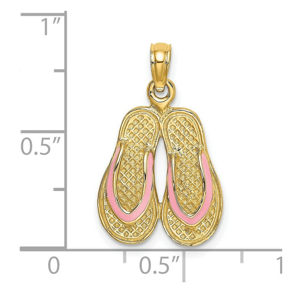 14K Yellow Gold With Pink Enamel Double Flip-Flop Charm Pendant