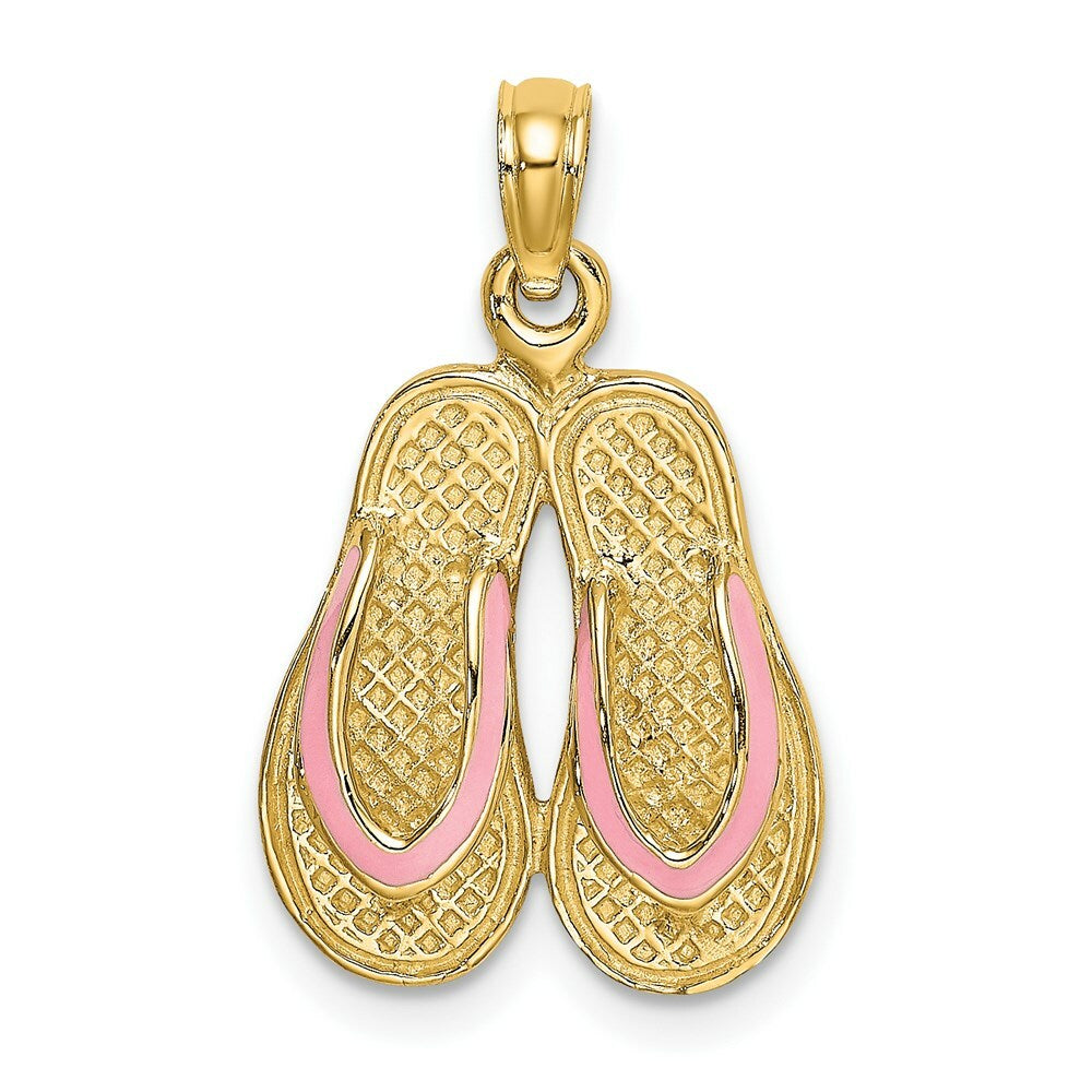 14K Yellow Gold With Pink Enamel Double Flip-Flop Charm Pendant