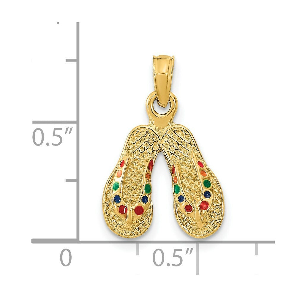 14K Yellow Gold With Multi-Color Enamel Double Flip-Flop Charm Pendant