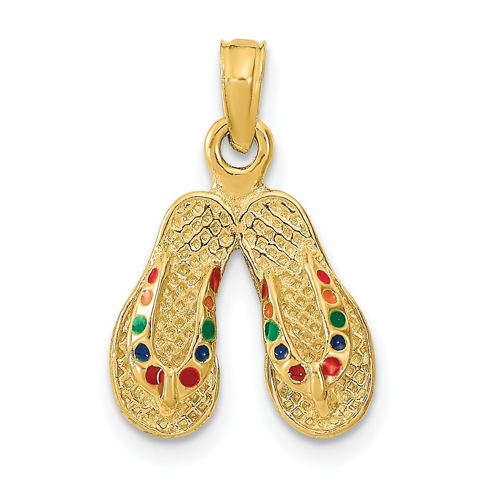 14K Yellow Gold With Multi-Color Enamel Double Flip-Flop Charm Pendant