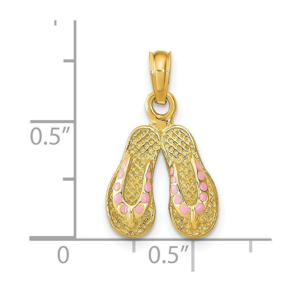 14K Yellow Gold With Pink Enamel Double Flip-Flop Charm Pendant