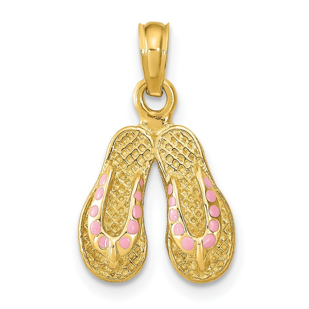 14K Yellow Gold With Pink Enamel Double Flip-Flop Charm Pendant