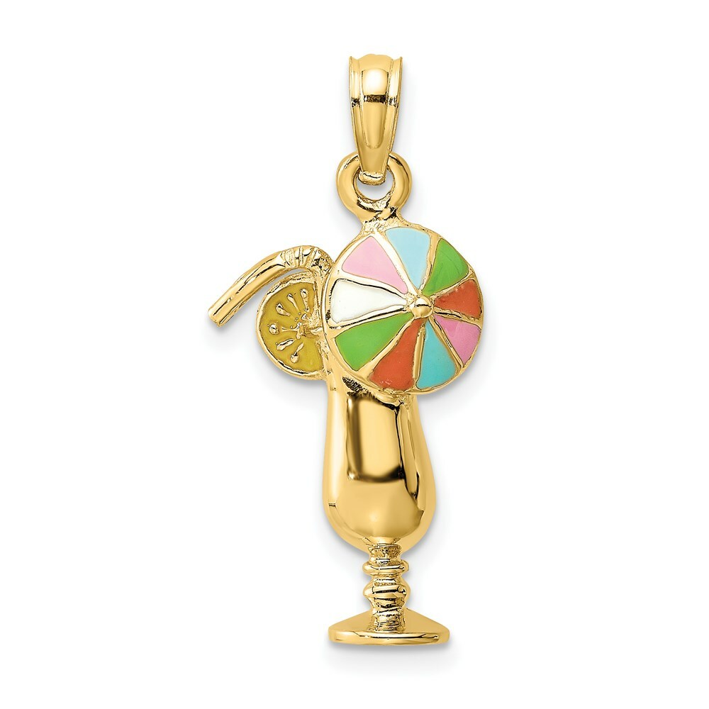 14K Yellow Gold Tropical Drink With Multi-Colored Enamel Umbrella Charm Pendant