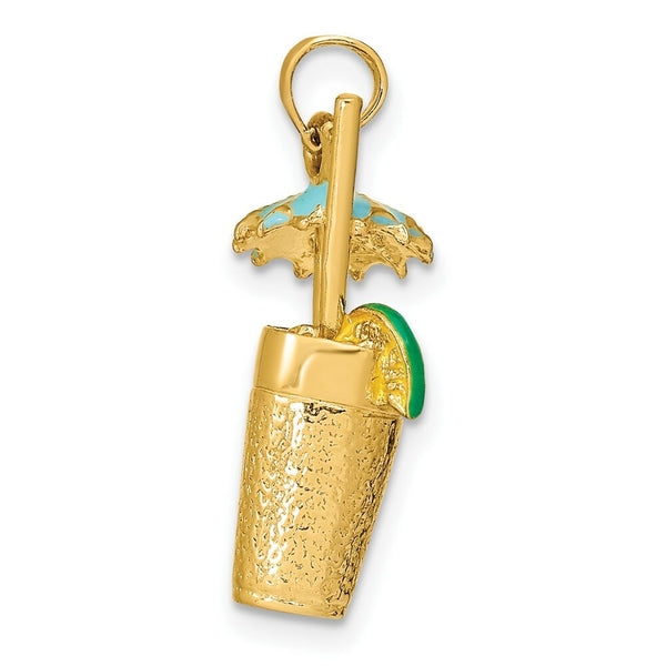 14K Yellow Gold 3-D Cocktail Drink With Enamel Umbrella & Lime Charm Pendant