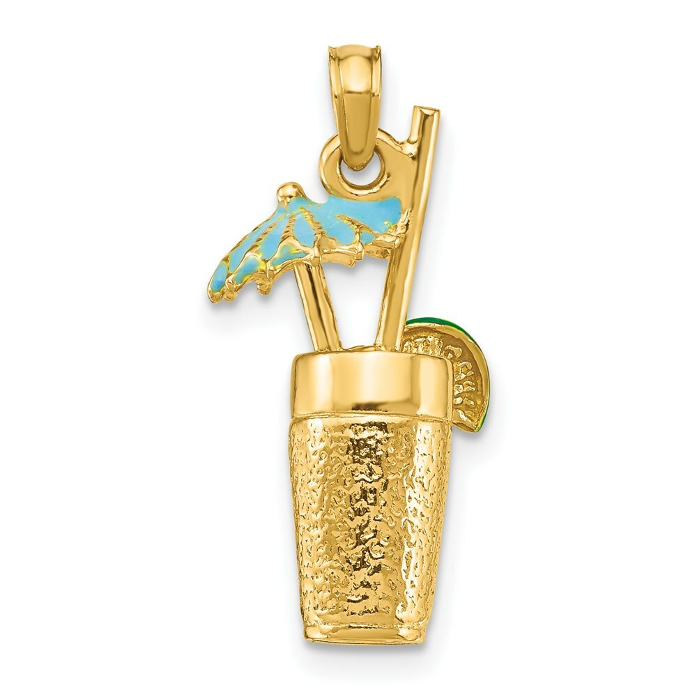 14K Yellow Gold 3-D Cocktail Drink With Enamel Umbrella & Lime Charm Pendant