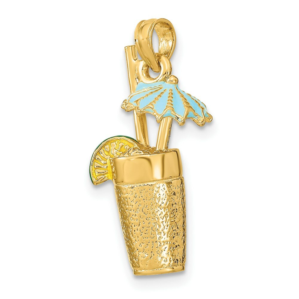 14K Yellow Gold 3-D Cocktail Drink With Enamel Umbrella & Lime Charm Pendant