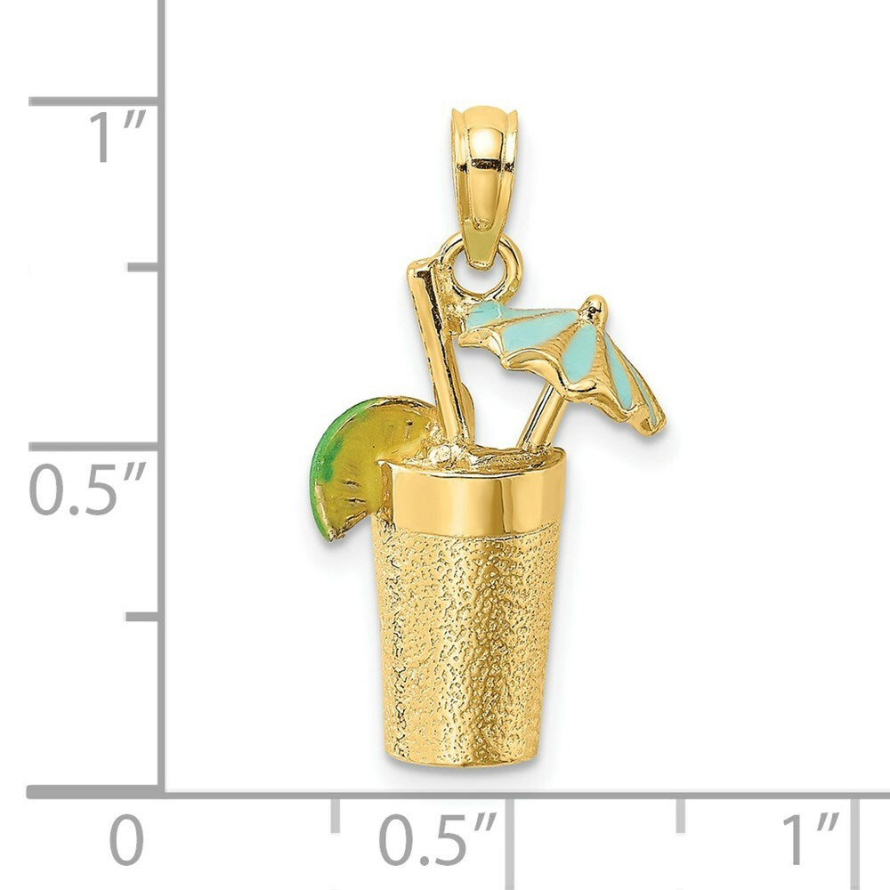 14K Yellow Gold 3-D Cocktail Drink With Enamel Umbrella & Lime Charm Pendant