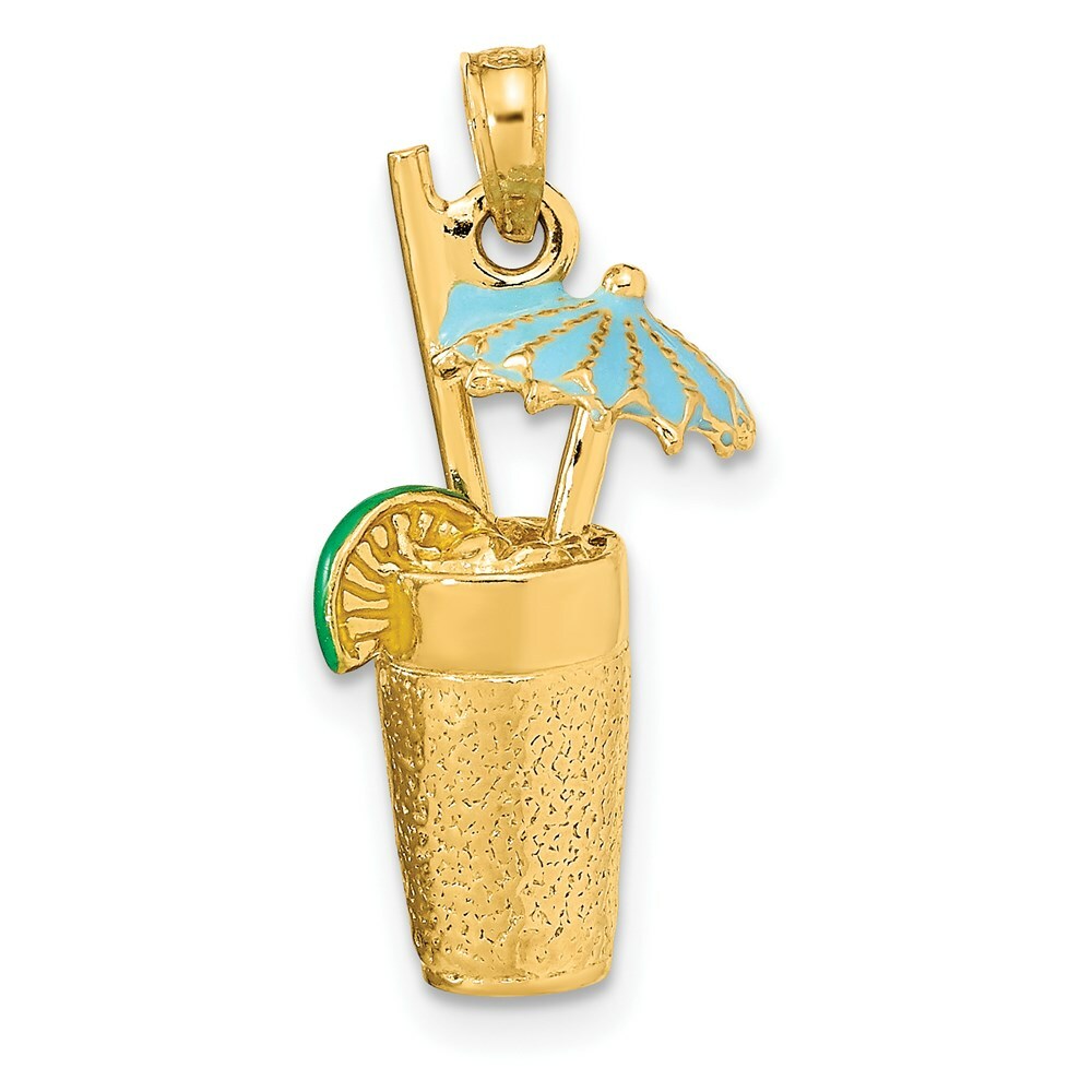 14K Yellow Gold 3-D Cocktail Drink With Enamel Umbrella & Lime Charm Pendant
