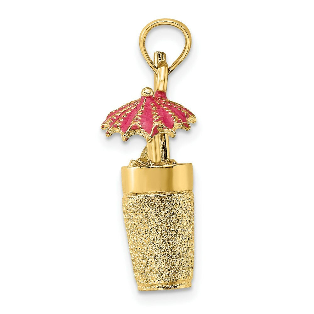 14K Yellow Gold 3-D Cocktail Drink With Fuschia Enamel Umbrella & Lime Charm Pendant
