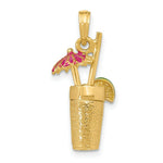 Load image into Gallery viewer, 14K Yellow Gold 3-D Cocktail Drink With Fuschia Enamel Umbrella &amp; Lime Charm Pendant
