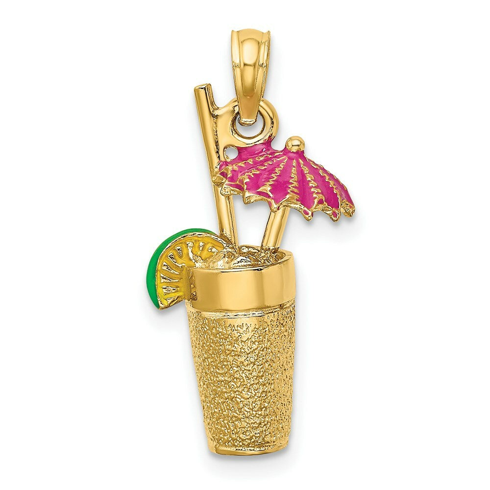 14K Yellow Gold 3-D Cocktail Drink With Fuschia Enamel Umbrella & Lime Charm Pendant