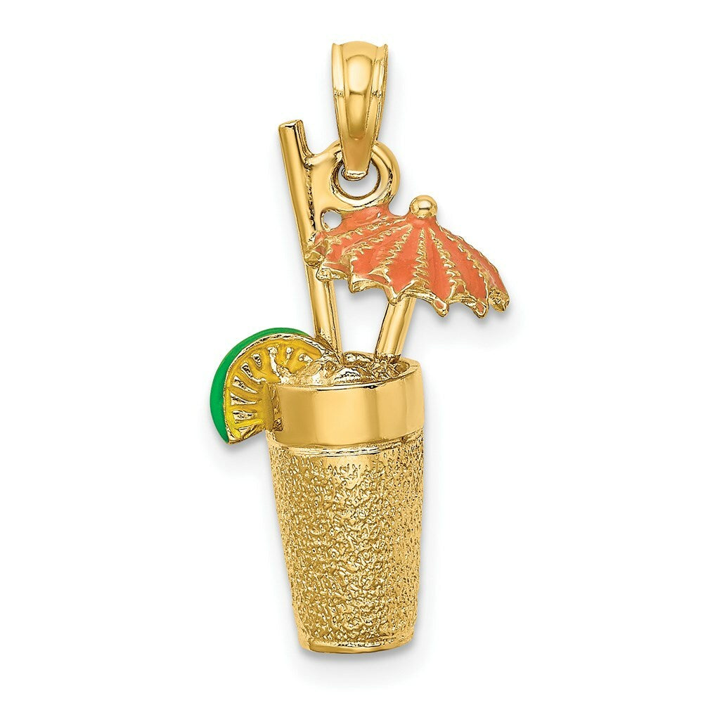 14K Yellow Gold 3-D Cocktail Drink With Orange Enamel Umbrella & Lime Charm Pendant