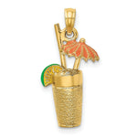 Load image into Gallery viewer, 14K Yellow Gold 3-D Cocktail Drink With Orange Enamel Umbrella &amp; Lime Charm Pendant
