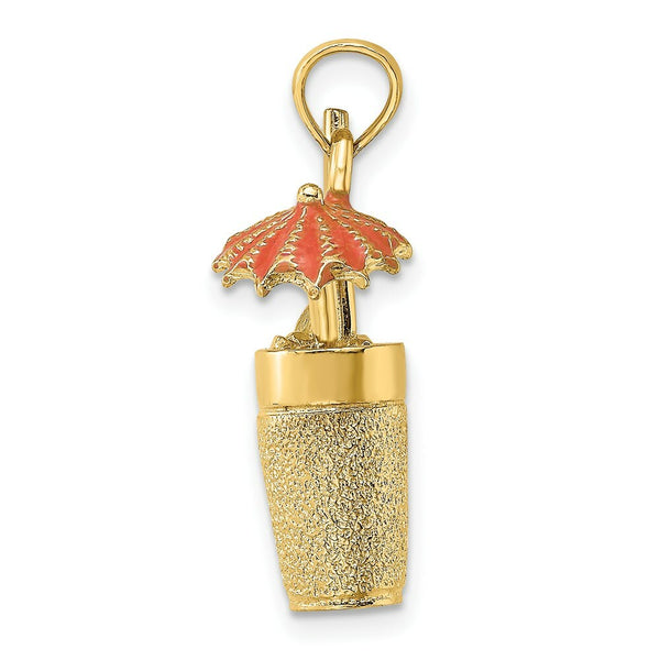 14K Yellow Gold 3-D Cocktail Drink With Orange Enamel Umbrella & Lime Charm Pendant