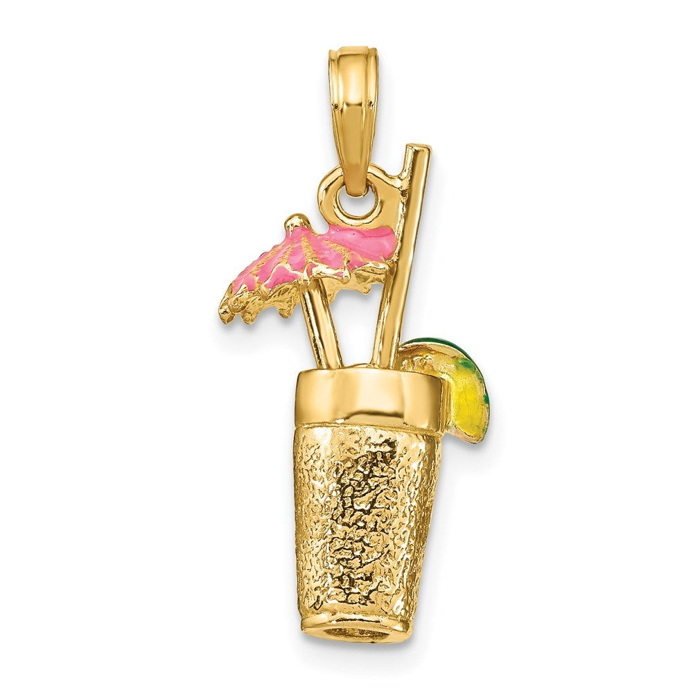 14K Yellow Gold 3-D Cocktail Drink With Pink Enamel Umbrella Charm Pendant