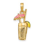 Load image into Gallery viewer, 14K Yellow Gold 3-D Cocktail Drink With Pink Enamel Umbrella Charm Pendant
