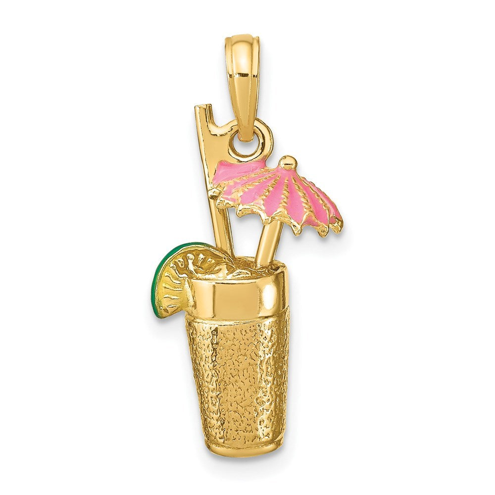 14K Yellow Gold 3-D Cocktail Drink With Pink Enamel Umbrella Charm Pendant