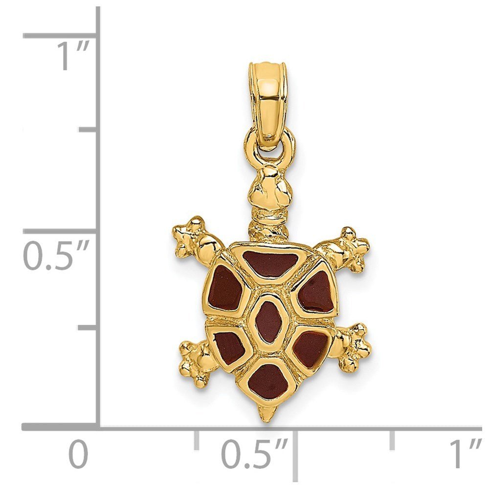 14K Yellow Gold With Brown Enamel Land Turtle Charm Pendant