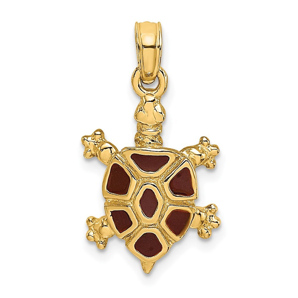 14K Yellow Gold With Brown Enamel Land Turtle Charm Pendant