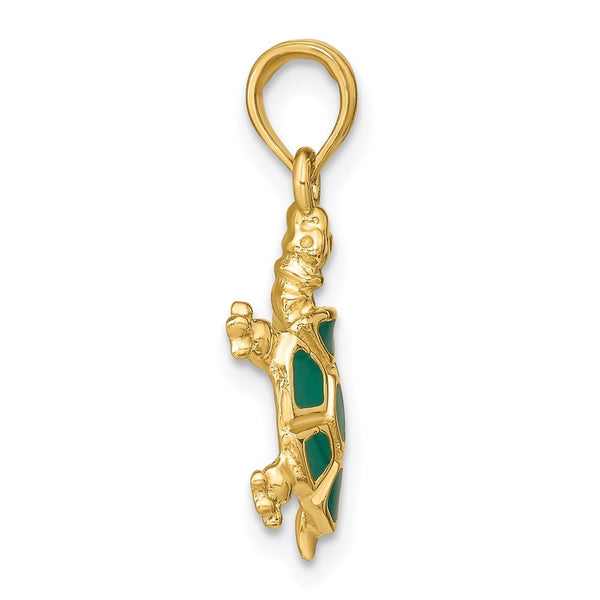 14K Yellow Gold With Green Enamel Land Turtle Charm Pendant