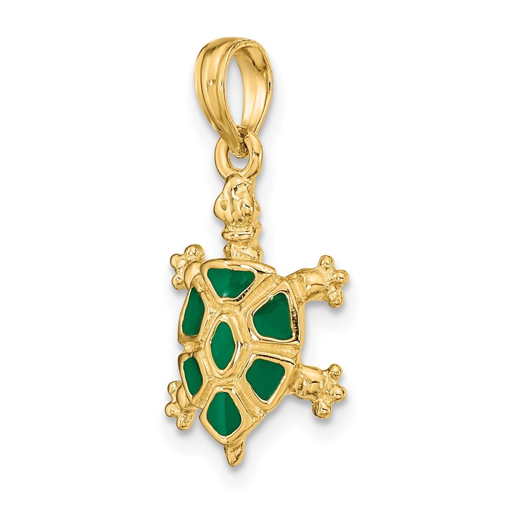 14K Yellow Gold With Green Enamel Land Turtle Charm Pendant