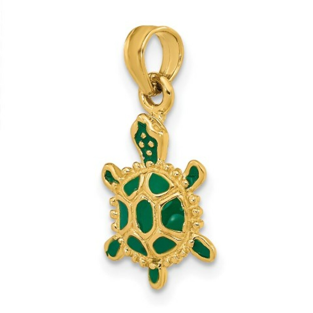 14K Yellow Gold With Green Enamel 3-D Land Turtle Charm Pendant