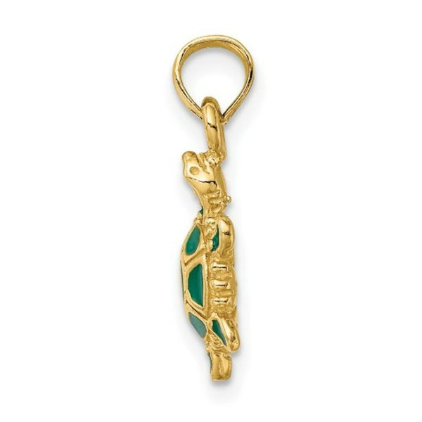 14K Yellow Gold With Green Enamel 3-D Land Turtle Charm Pendant