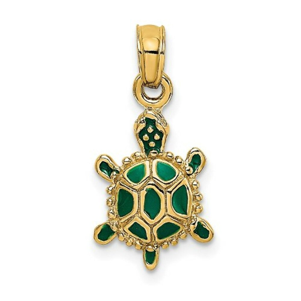 14K Yellow Gold With Green Enamel 3-D Land Turtle Charm Pendant
