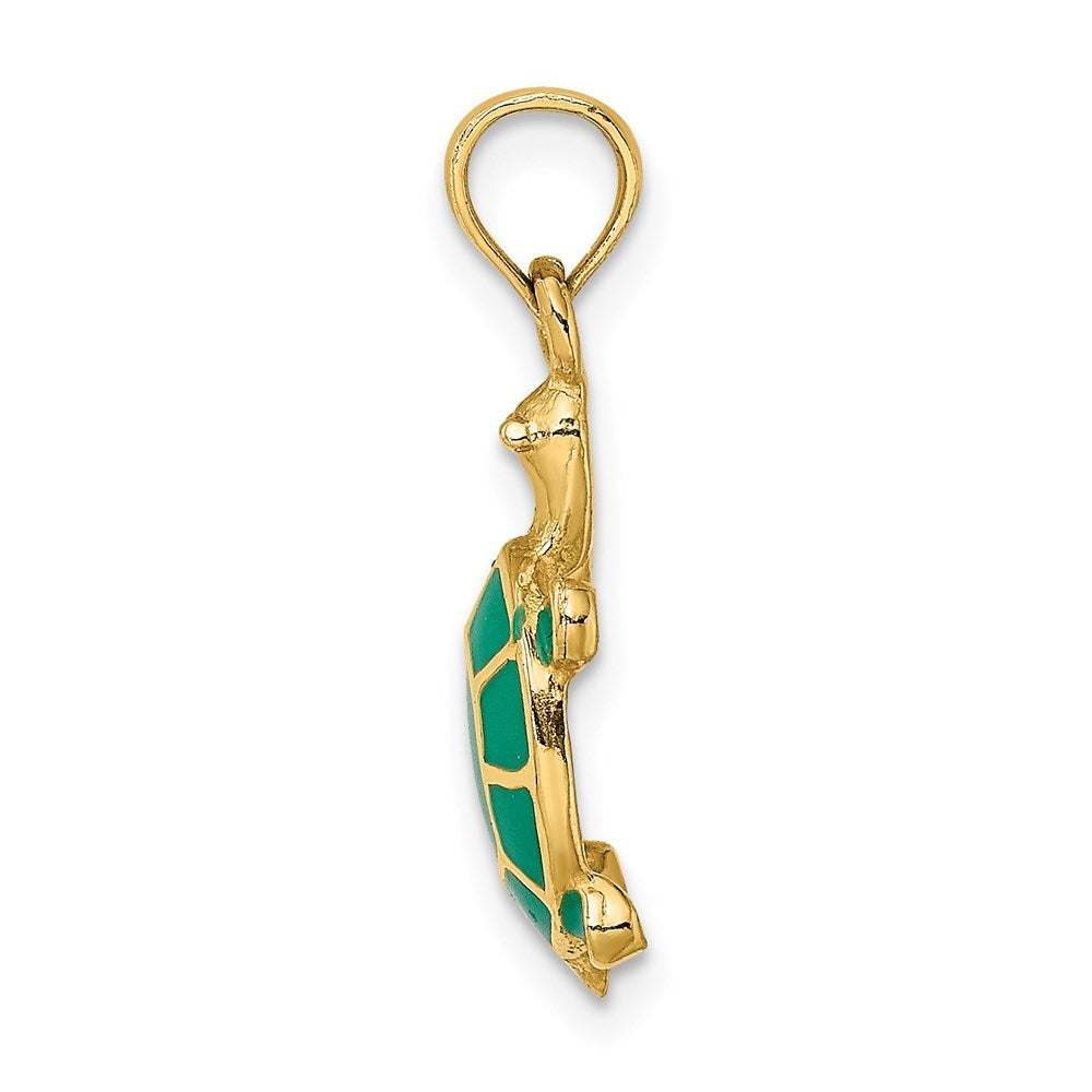 14K Yellow Gold With Green Enamel Tortoise Charm Pendant