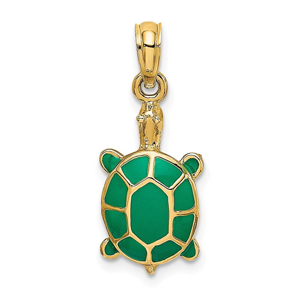 14K Yellow Gold With Green Enamel Tortoise Charm Pendant