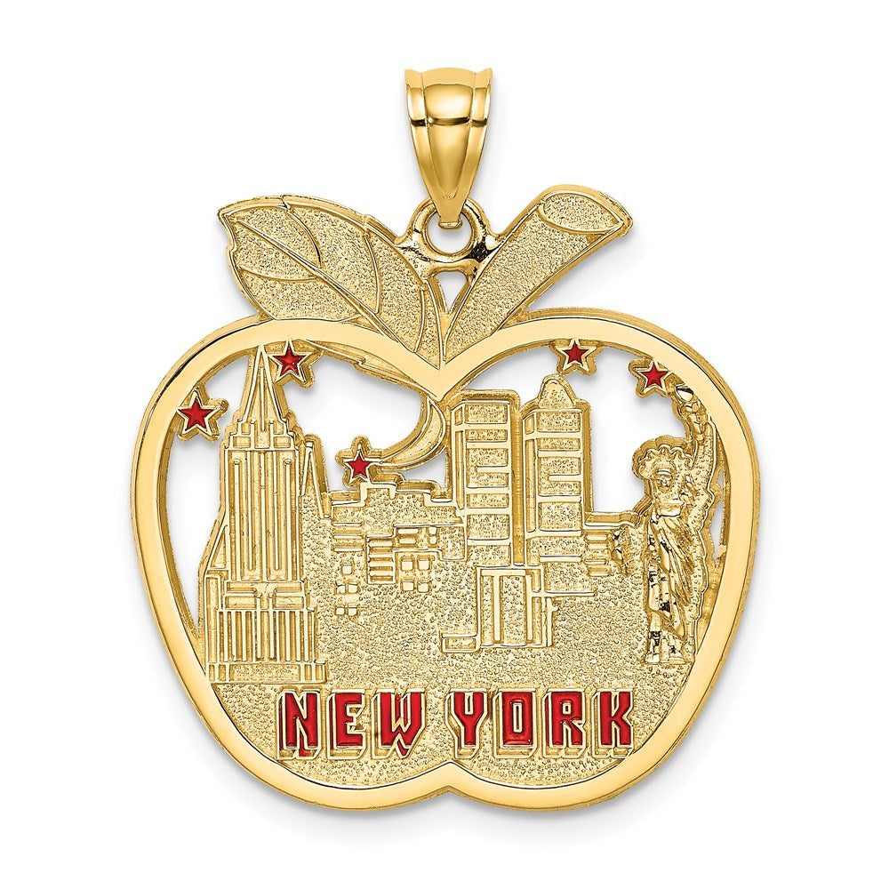 14K Yellow Gold With Red Enamel Apple With New York Skyline Charm Pendant