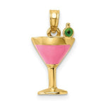 Load image into Gallery viewer, 14K Yellow Gold 2-D PINK Enameled Cosmo Martini With OLive Charm Pendant
