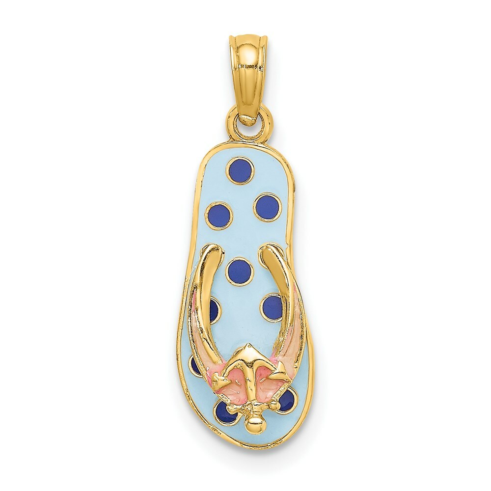 14K Yellow Gold Enamel Anchor On Blue Polka-Dot Flip-Flop Charm Pendant