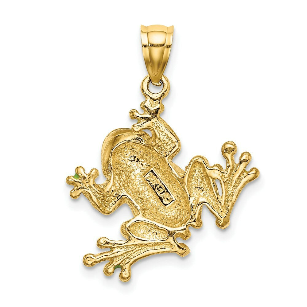 14K Yellow Gold Green Enameled 2-D Frog Charm Pendant