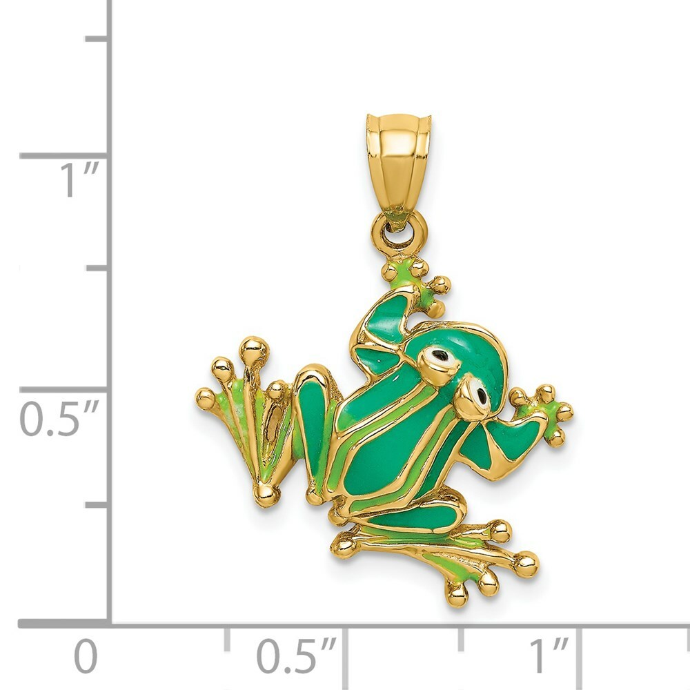 14K Yellow Gold Green Enameled 2-D Frog Charm Pendant