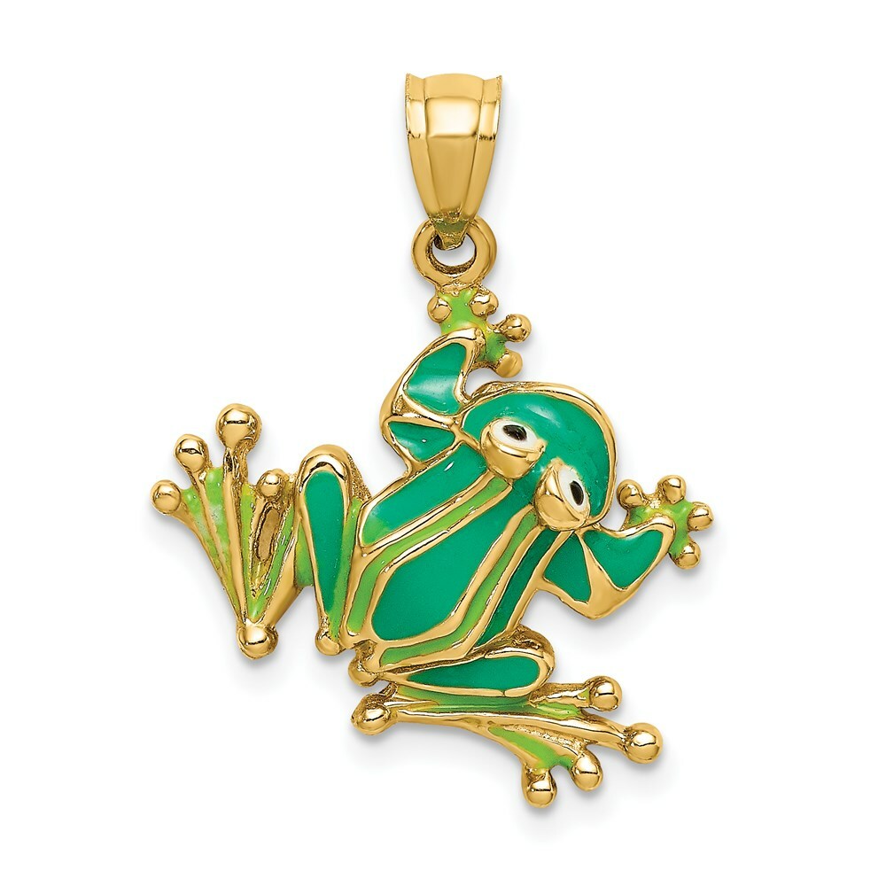 14K Yellow Gold Green Enameled 2-D Frog Charm Pendant