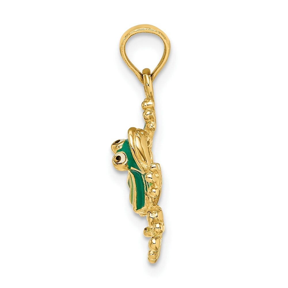 14K Yellow Gold Green Enameled 2-D Small Frog Charm Pendant