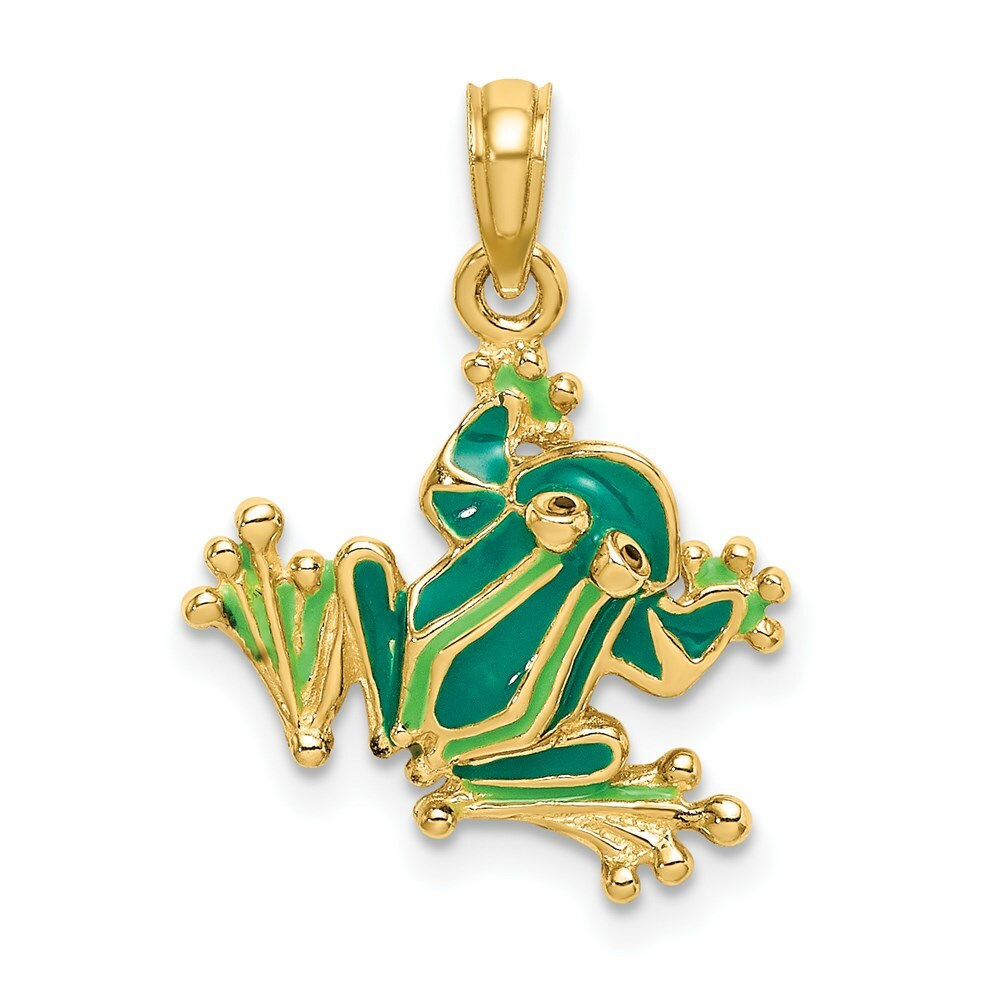 14K Yellow Gold Green Enameled 2-D Small Frog Charm Pendant