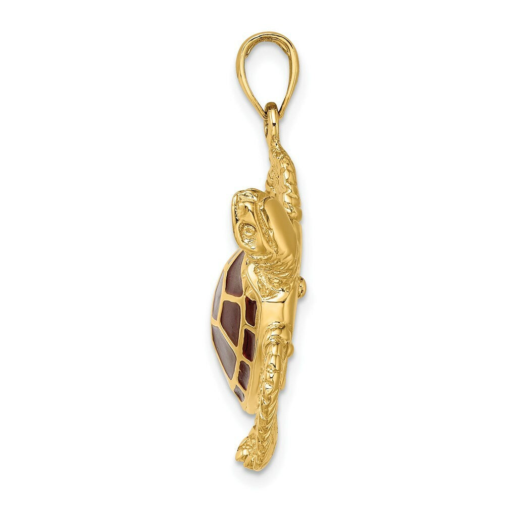 14K Yellow Gold 3-D Brown Enamel Large Sea Turtle Charm Pendant