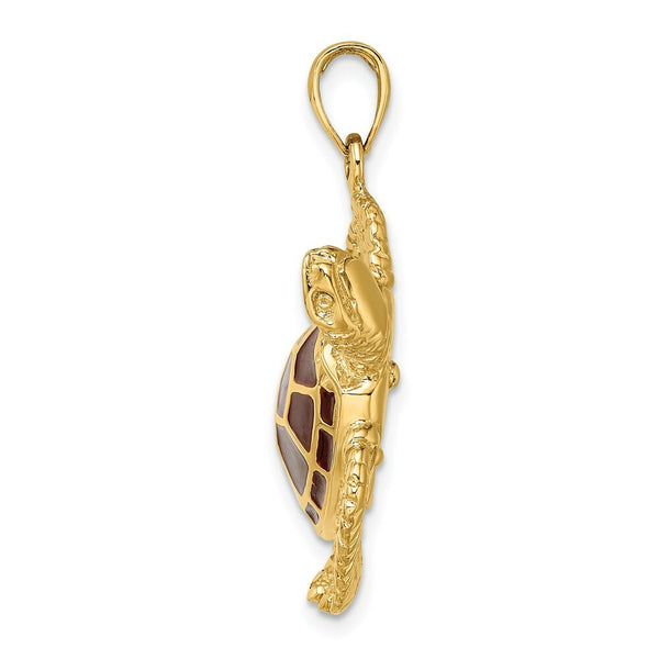 14K Yellow Gold 3-D Brown Enamel Large Sea Turtle Charm Pendant